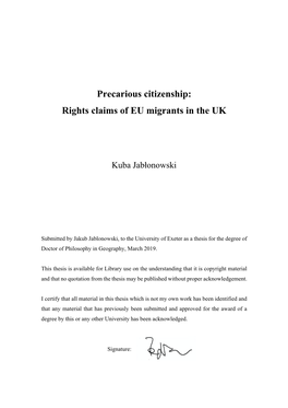 Precarious Citizenship: Rights Claims of EU Migrants in the UK
