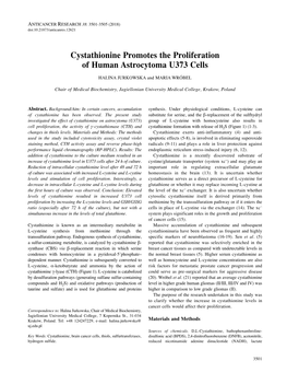 Cystathionine Promotes the Proliferation of Human Astrocytoma U373 Cells HALINA JURKOWSKA and MARIA WRÓBEL