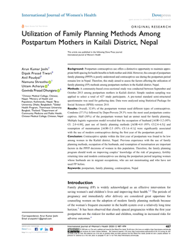 Utilization of Family Planning Methods Among Postpartum Mothers in Kailali District, Nepal