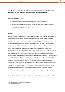 Ethnogenesis and Surplus Food Production: Communitas and Identity Building Among Nineteenth and Early Twentieth Century Ilchamus, Lake Baringo, Kenya