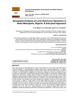 Geospatial Analysis of Land Use/Cover Dynamics in Awka Metropolis, Nigeria: a Sub-Pixel Approach