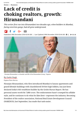 Lack of Credit Is Choking Realtors, Growth: Hiranandani