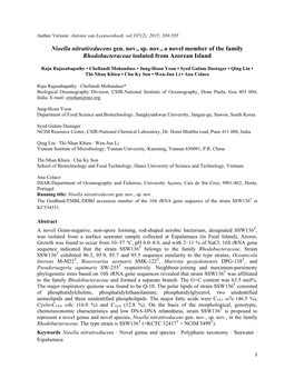 Nioella Nitratireducens Gen. Nov., Sp. Nov., a Novel Member of the Family Rhodobacteraceae Isolated from Azorean Island