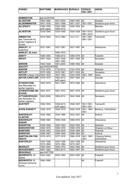 1 Last Updated: July 2017 PARISH BAPTISMS MARRIAGES BURIALS CENSUS UNION 1841-1901