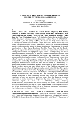 1 a BIBLIOGRAPHY of THESES and DISSERTATIONS RELATED to the DOMINICAN REPUBLIC (Compiled By) Emmanuel W. VEDRINE and Andrés PA