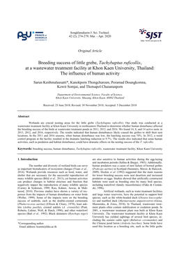 Breeding Success of Little Grebe, Tachybaptus Ruficollis, at a Wastewater Treatment Facility at Khon Kaen University, Thailand: the Influence of Human Activity