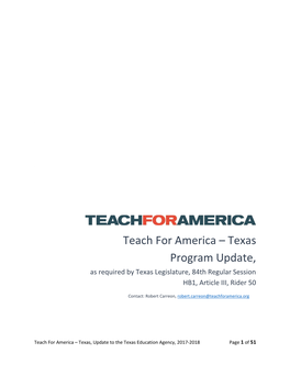 Teach for America – Texas Program Update, As Required by Texas Legislature, 84Th Regular Session HB1, Article III, Rider 50