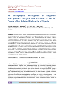 An Ethnographic Investigation of Indigenous Management Thoughts and Practices of the IDO People of the Kalabari Nationality of Nigeria