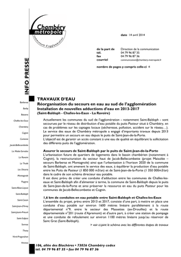 INFO PRESSE TRAVAUX D’EAU Barberaz Réorganisation Du Secours En Eau Au Sud De L’Agglomération Barby Installation De Nouvelles Adductions D’Eau En 2013-2017