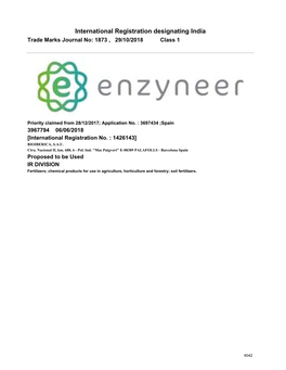 International Registration Designating India Trade Marks Journal No: 1873 , 29/10/2018 Class 1