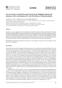 Two New Species of Striped Pseudochromis from the Philippine Islands and Indonesia, with a Redescription of P