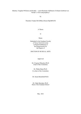 Sibelius, Vaughan Williams and Kodály – a Post-Romantic Fulfilment of Johann Gottfried Von Herder’S Vision and Prophesy?