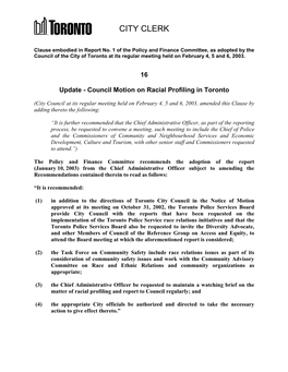 Council Motion on Racial Profiling in Toronto