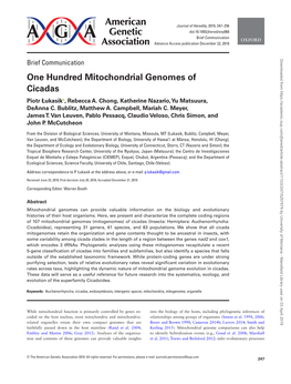 One Hundred Mitochondrial Genomes of Cicadas Piotr Łukasik , Rebecca A