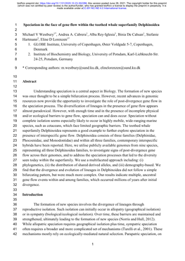 Speciation in the Face of Gene Flow Within the Toothed Whale Superfamily Delphinoidea 2 3 Michael V Westbury1*, Andrea A