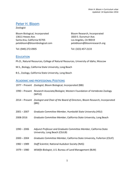 Peter H. Bloom • Curriculum Vitae Updated: 14 September 2016