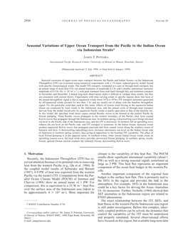 Seasonal Variations of Upper Ocean Transport from the Pacific to The