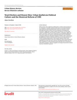 Urban Québécois Political Culture and the Montreal Reform of 1909 Alan Gordon