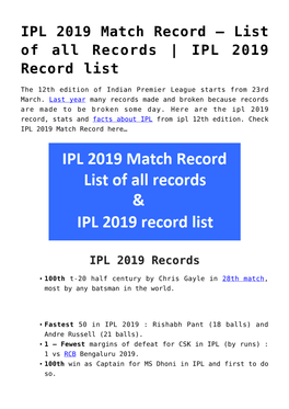 IPL 2019 Match Record &#8211; List of All Records