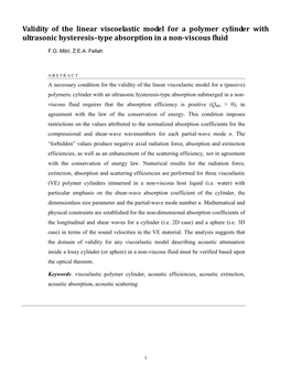 Validity of the Linear Viscoelastic Model for a Polymer Cylinder with Ultrasonic Hysteresis–Type Absorption in a Non-Viscous Fluid