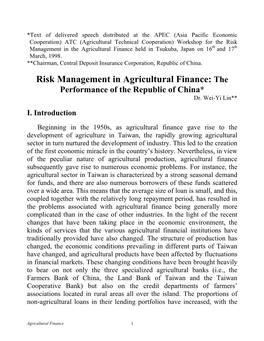 Risk Management in Agricultural Finance: the Performance of the Republic of China* Dr