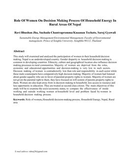 Role of Women on Decision Making Process of Household Energy in Rural Areas of Nepal