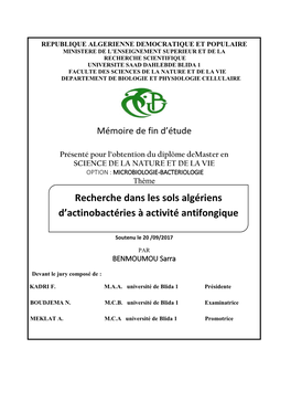 Recherche Dans Les Sols Algériens D'actinobactéries À Activité