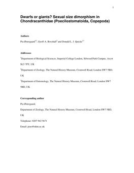 Dwarfs Or Giants? Sexual Size Dimorphism in Chondracanthidae (Poecilostomatoida, Copepoda)