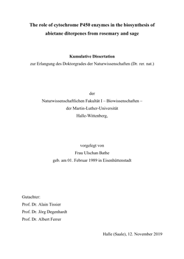 The Role of Cytochrome P450 Enzymes in the Biosynthesis of Abietane Diterpenes from Rosemary and Sage