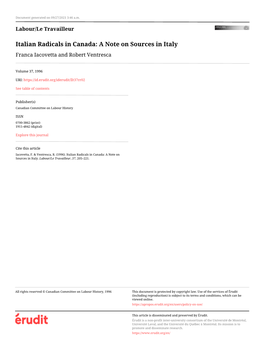 Italian Radicals in Canada: a Note on Sources in Italy Franca Iacovetta and Robert Ventresca