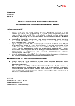 Pörssitiedote Ahtium Oyj 28.2.2018 Ahtium Oyj:N