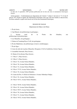 ARRETE MINISTERIEL N° 8836 MCPHC-DPC En Date Du 12 Septembre 2007 Portant Publication De La Liste Des Sites Et Monuments Historiques Classés