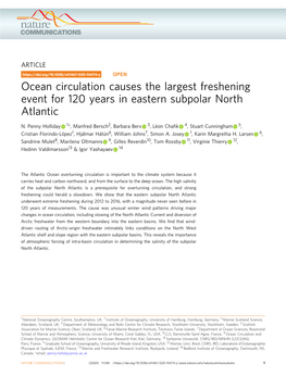 Ocean Circulation Causes the Largest Freshening Event for 120 Years in Eastern Subpolar North Atlantic