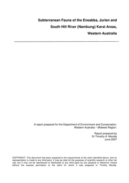 Subterranean Fauna of the Eneabba, Jurien and South Hill River (Nambung) Karst Areas, Western Australia