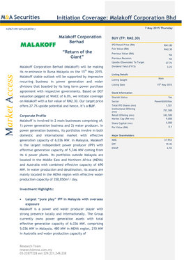 Malakoff Corporation Bhd M&A Securities