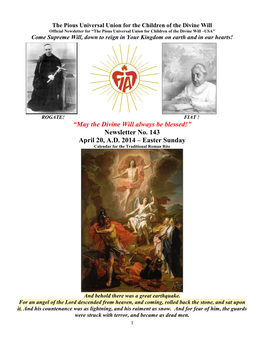 “May the Divine Will Always Be Blessed!” Newsletter No. 143 April 20, A.D. 2014 – Easter Sunday Calendar for the Traditional Roman Rite