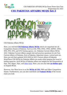 CSS PAKISTAN AFFAIRS Mcqs Exam Notes Quiz Test Preparation for 2022 CSS PAKISTAN AFFAIRS MCQS Set-3