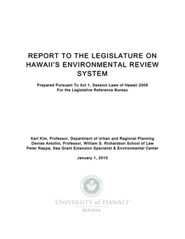 Report to the Legislature on Hawaii's