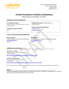 Finnish Innovation in Politics and Business May 19 (Arrive in Finland) - 27, 2019