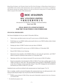 BOC AVIATION LIMITED 中銀航空租賃有限公司* (Incorporated in the Republic of Singapore with Limited Liability) Stock Code: 2588