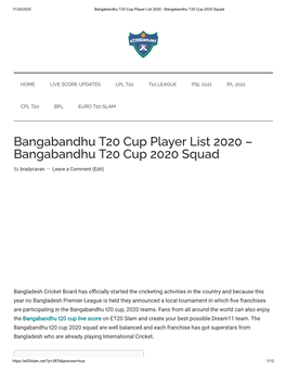 Bangabandhu T20 Cup Player List 2020 - Bangabandhu T20 Cup 2020 Squad