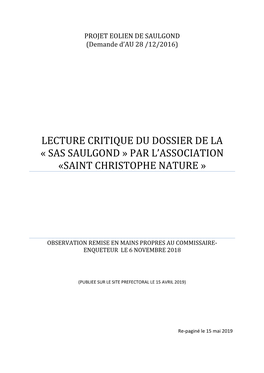 Lecture Critique Du Dossier De La « Sas Saulgond » Par L’Association «Saint Christophe Nature »