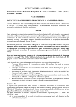 DISTRETTO SOCIO – SANITARIO D3 Comuni Di: Canicattì – Camastra