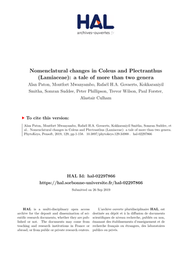 Nomenclatural Changes in Coleus and Plectranthus (Lamiaceae): a Tale of More Than Two Genera Alan Paton, Montfort Mwanyambo, Rafaël H.A