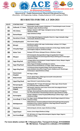 Bus Routes for the A.Y 2020-2021