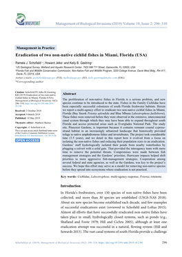 Eradication of Two Non-Native Cichlid Fishes in Miami, Florida (USA)