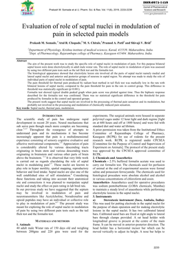 Evaluation of Role of Septal Nuclei in Modulation of Pain in Selected Pain Models