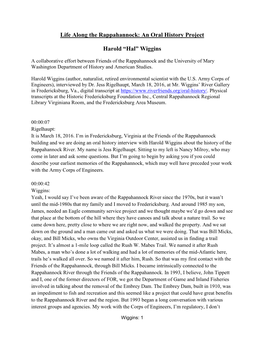Life Along the Rappahannock: an Oral History Project Harold “Hal” Wiggins