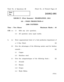 Total No. of Printed Pages—3 Seat No. BHMCT (First Semester