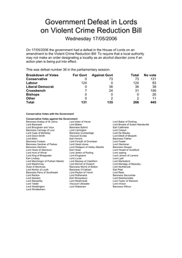 Government Defeat in Lords on Violent Crime Reduction Bill Wednesday 17/05/2006